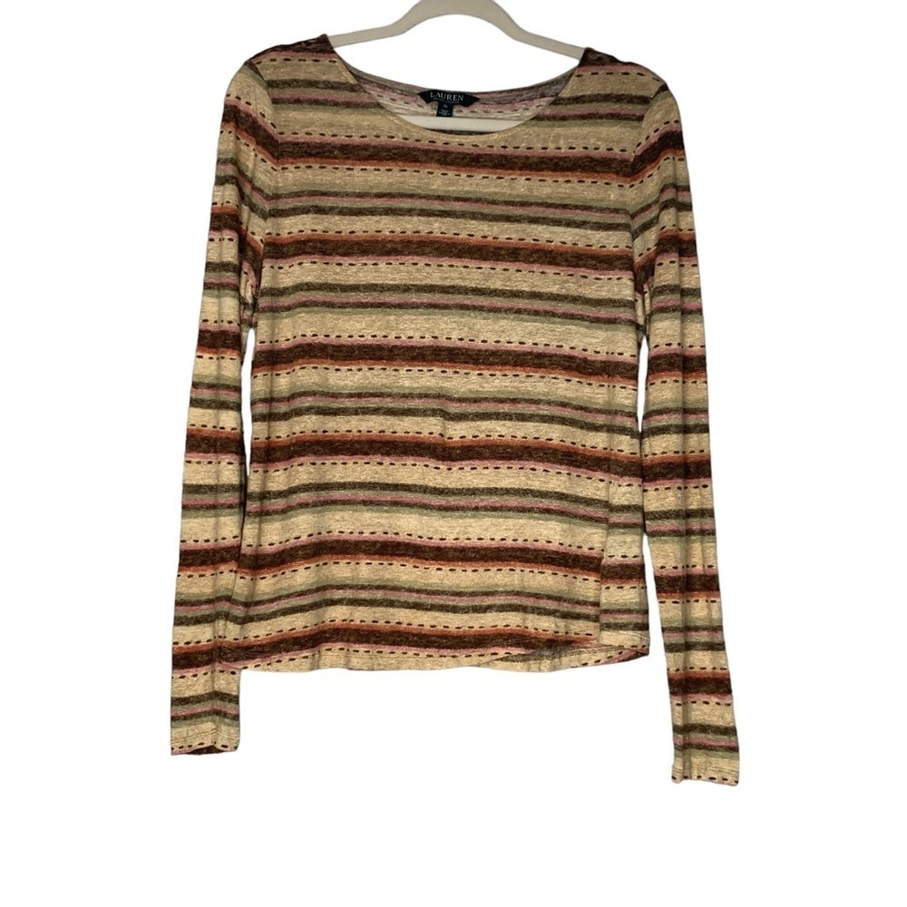 Lauren Ralph Lauren tan multi‎ stripe linen sweater. Size XL
